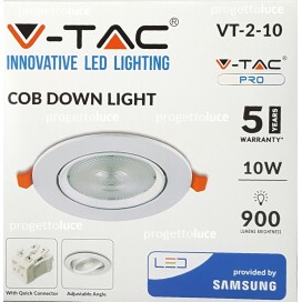 V-TAC VT-2-10 FARETTO LED 10W COB DA INCASSO ROTONDO BIANCO CHIP SAMSUNG