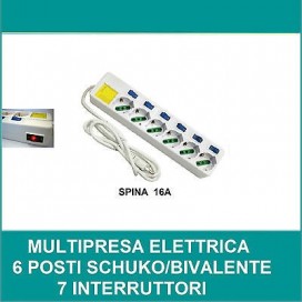 MULTIPRESA ELETTRICA 6 POSTI 7 INTERRUTTORI CIABATTA SCHUKO 10/16A