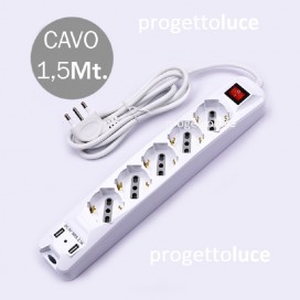 V-Tac Multipresa 5 Posti e 2 Prese USB Colore Bianco con Interruttore Luminoso