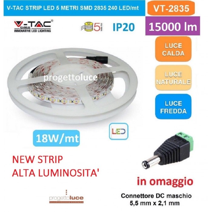 STRISCIA LED 1200LED V-Tac SMD Bobina 5mt Strip 2835 ALTA LUMINOSITA' IP20 NEW 