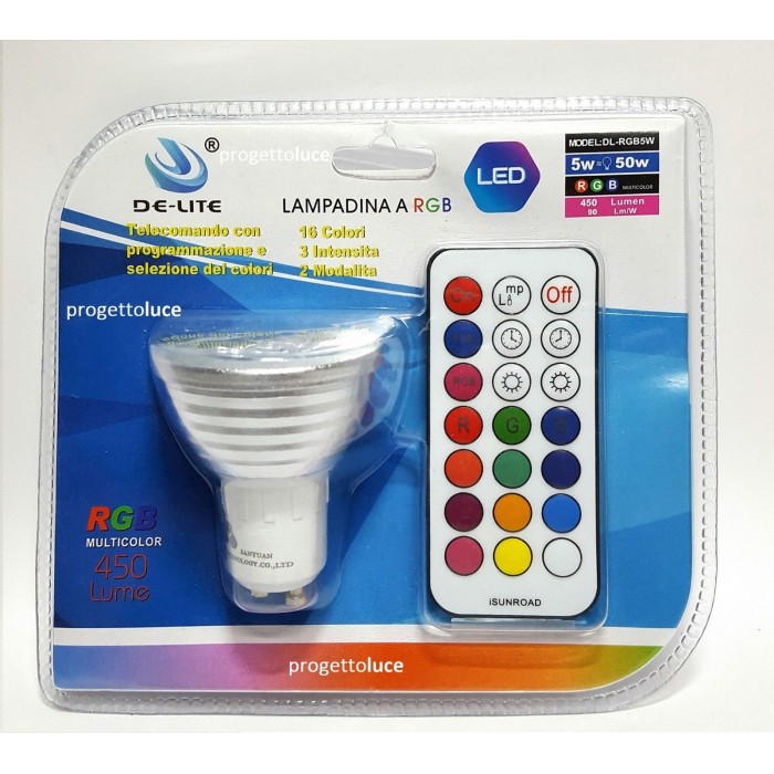 Lampadina faretto led GU10 5W RGB Multicolor + telecomando 21 funzioni
