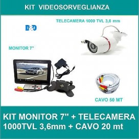 KIT VIDEOSORVEGLIANZA COMPLETO - TELECAMERA + MONITOR 7 POLLICI 2 CANALI + CAVO