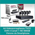 KIT VIDEOSORVEGLIANZA 4 CANALI TELECAMERA 700 TVL INFRAROSSI+500 HD+DVR+ALIMENTA