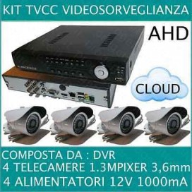 KIT VIDEOSORVEGLIANZA 4 CANALI + TELECAMERE AHD 720P 1,3MP