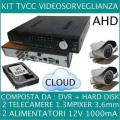 KIT VIDEOSORVEGLIANZA 4 CANALI + 2 TELECAMERE AHD 720P 1,3MP + HD500GB
