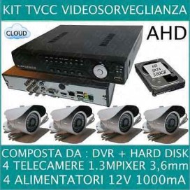 KIT VIDEOSORVEGLIANZA 4 CANALI + 4 TELECAMERE AHD 720P 1,3MP + HD500GB