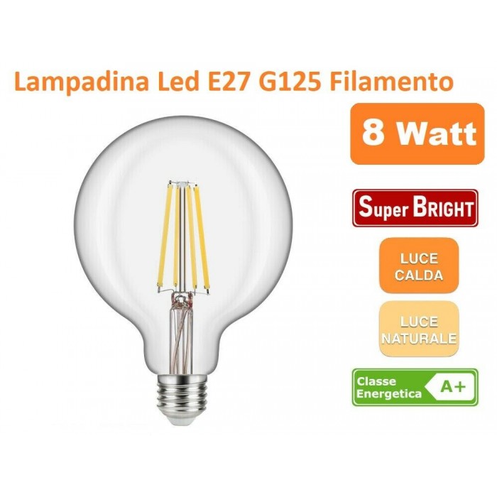 LAMPADINA LED FILAMENTO E27 8W GLOBO G125 1160 LUMEN iperlux
