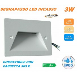 SEGNAPASSO LED RETTANGOLARE COLORE BIANCO MONTAGGIO A INCASSO 503E 3W DA ESTERNO