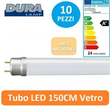 TUBO neon LED Professionale 150 cm 24W T8 Naturale DURALAMP in VETRO 10 PEZZI
