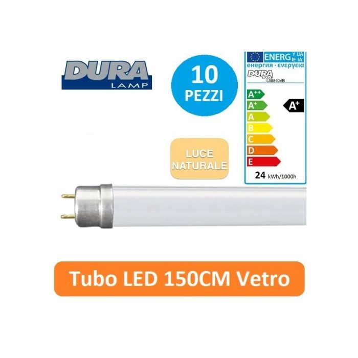 TUBO neon LED Professionale 150 cm 24W T8 Naturale DURALAMP in VETRO 10  PEZZI