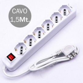 V-TAC MULTIPRESA ELETTRICA SCHUKO 6 POSTI COLORE BIANCO INTERRUTTORE LUMINOSO