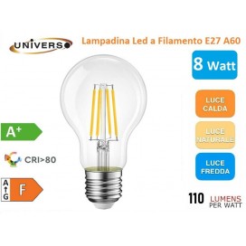 LAMPADINA LED E27 8W BULB A60 FILAMENTO 360° 880 LM 2700K 4000K 6500K UNIVERSO