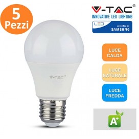 5 LAMPADINE LED V-TAC BULBO E27 DA 9W LAMPADE LUCE CALDA NATURALE FREDDA SAMSUNG