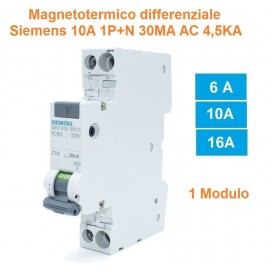 DIFFERENZIALE MAGNETOTERMICO DIN 1P+N 1 MODULO 4,5KA 30ma 6A 10A 16A SIEMENS