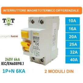 INTERRUTTORE DIFFERENZIALE MAGNETOTERMICO DIN 1P+N 6KA 10A 16A 20A 25A 32A 40A