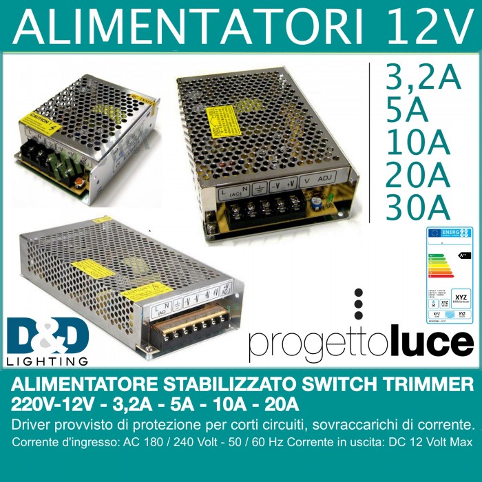 Alimentatore Stabilizzato 12v 10A 220v Trasformatore Switch Trimmer