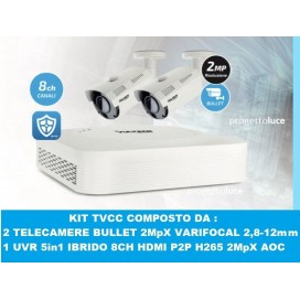 KIT VIDEOSORVEGLIANZA VULTECH AHD UVR 8 CANALI 2 TELECAMERE 2 MPX VARIFOCAL