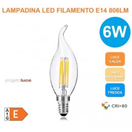 LAMPADINA LED FILAMENTO E14 6W CANDELA A FIAMMA COLPO DI VENTO 2700K 4000K 6500K