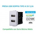 PRESA CARICATORE USB DOPPIO A 1P 3.1A 5V BIANCO COMPATIBILE BTICINO SERIE MATIX