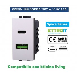 PRESA USB CON CONNETTORE TIPO C E TIPO A 3.1A PER SERIE BTICINO LIVING