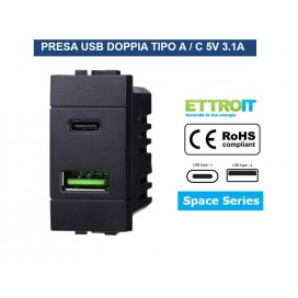 PRESA USB CON CONNETTORE TIPO C E TIPO A 3.1A PER BTICINO LIVING GRIGIO