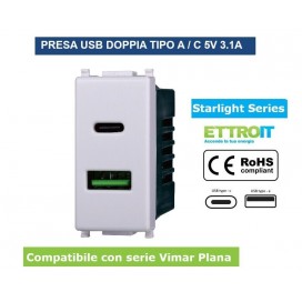 PRESA USB CON CONNETTORE TIPO C E TIPO A 3.1A PER SERIE VIMAR PLANA