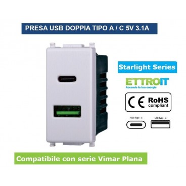 PRESA USB CON CONNETTORE TIPO C E TIPO A 3.1A PER SERIE VIMAR PLANA
