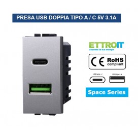 PRESA USB CON CONNETTORE TIPO C E TIPO A 3.1A PER BTICINO LIVING GRIGIO