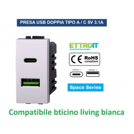PRESA USB CON CONNETTORE TIPO C E TIPO A 3.1A PER SERIE BTICINO LIIVING BIANCA