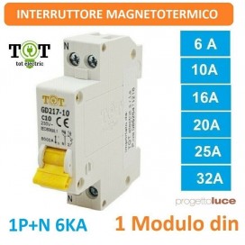 INTERRUTTORE MAGNETOTERMICO 10A 16A 20A 25A 32A 1P+N 230V 6KA 1 Modulo Guida Din