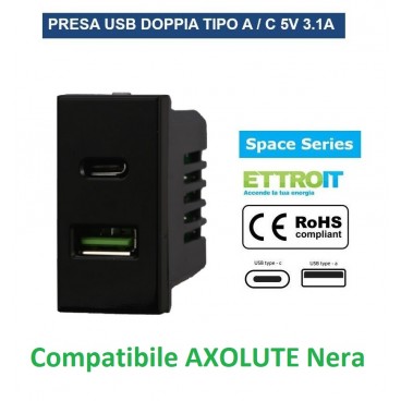 PRESA USB CON CONNETTORE TIPO C E TIPO A 3.1A PER BTICINO AXOLUTE NERA