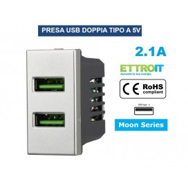 PRESA CARICATORE USB DOPPIO TYPE A 1P 2.1A 5V SILVER COMPATIBILE BTICINO SERIE AXOLUTE