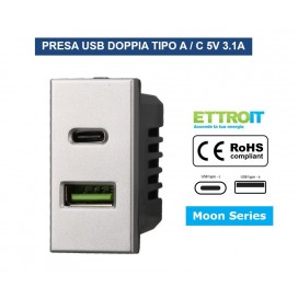PRESA CARICATORE USB DOPPIO TYPE A + C 1P 3.1A 5V SILVER COMPATIBILE BTICINO SERIE AXOLUTE
