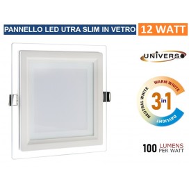 PANNELLO LED SLIM QUADRATO DA INCASSO CON CORNICE IN VETRO 12W 1100 lm 3in1