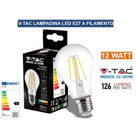 V-TAC VT-2133 LAMPADINA LED E27 12W BULB A60 GOCCIA FILAMENT VETRO TRASPARENTE