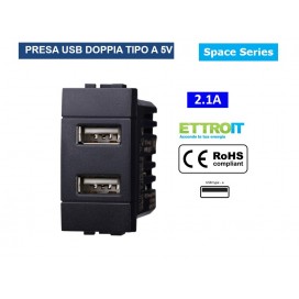 PRESA CARICATORE USB DOPPIO TYPE A 1P 2.1A 5V NERO COMPATIBILE BTICINO SERIE LIVING - ETTROIT