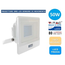 V-TAC FARO LED 50W SMD ULTRASLIM BIANCO IP65 SENSORE di MOVIMENTO E CREPUSCOLARE