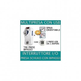 ADATTATORE SPINA MULTIPRESA SCHUKO 1500W MAX BIPASSO 2 USB ROTANTE INTERRUTTORE