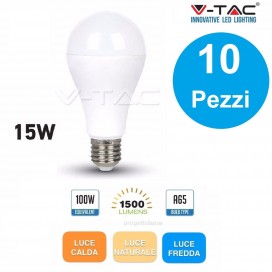 10 LAMPADINE LED E27 GOCCIA BULB 15W A65 V-TAC VT-2015
