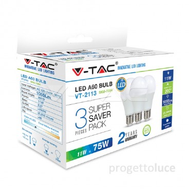 V-TAC VT-2113 CONFEZIONE 3 LAMPADINE LED E27 11W