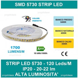 STRISCIA LED V-TAC 5 METRI 5730 18W/M 3000LM IP20 CRI95 STRIP ALTA LUMINOSITA'